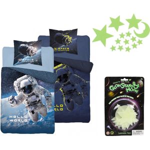 Dekbedovertrek Ruimtevaart- Space- Astronaut- 140x200- Katoen- Glow in the Dark effect- incl. GRATIS sterren set "" glow in the Dark"" plakfiguren