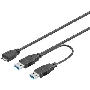 Dual USB 3.0 Data en Voedingskabel | 2x USB male naar Micro USB B | Compatibel met Externe HDD's | Zwart | 50 cm