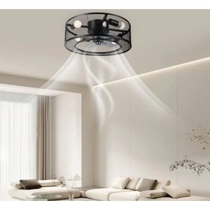 LuxiLamps - Kooi Ventilator - Plafondventilator - Zwart - 3 Snelheden - 45 cm - Dimbaar Met Afstandsbediening - Kroonluchter Ventilator - Woonkamer Lamp