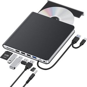 USB 3.0 Externe CD DVD Drive voor Laptop - CD Brander Draagbare DVD Speler - 4 USB TF/SD Slots - Slanke Externe CD Drive - Compatibel met Laptop Desktop Mac Windows