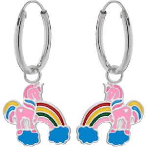 Oorbellen meisjes zilver | Eenhoorn oorbellen | Zilveren oorringen met hanger, eenhoorn met regenboog en blauwe wolkjes