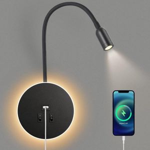 LED Zwanenhals Leeslampje-Bedlampjes met Schakelaar en USB-laadstation - Verstelbare Spotverlichting voor Slaapkamer - Omgevingsverlichting - Zwart - 3W 3000k 8W 6000k