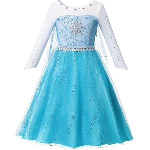 Prinses - Elsa jurk VERNIEUWD - Prinsessenjurk - Verkleedkleding - Feestjurk - Sprookjesjurk - Blauw - Maat 134/140 (8/9 jaar)