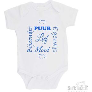 100% katoenen Romper ""Puur Eigenwijs Mooi Bijzonder Lief"" Jongens Katoen Wit/blauw Maat 56/62