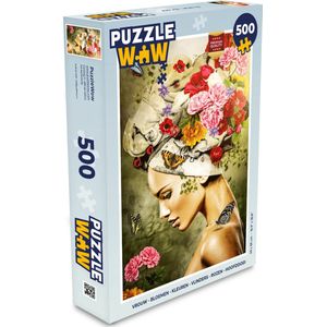 Puzzel Vrouw - Bloemen - Kleuren - Vlinders - Rozen - Hoofddoek - Legpuzzel - Puzzel 500 stukjes