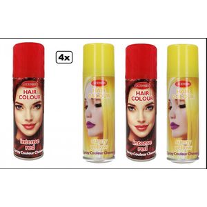 4x Haarspray rood/geel 125 ml - Word bezorgd in doos ivm beschadeging - Festival thema feest carnaval haar kleurspray party