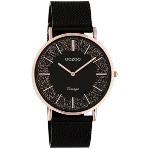 OOZOO Timepieces - Rosé goudkleurige horloge met zwarte metalen mesh armband - C20142