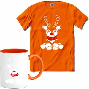 Rendier Buddy - T-Shirt met mok - Meisjes - Oranje - Maat 12 jaar