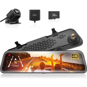12"" IPS Full Touch Screen Achteruitkijkspiegelcamera - 2160P HD Dubbele Lens Slimme Achteruitkijkspiegel voor Auto's en Vrachtwagens - HDR Stream Media met Nachtzicht - Gratis 32GB TF-kaart
