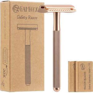 Bambooya Safety Razor met extra lang handvat + 20 scheermesjes - Scheermesjes voor vrouwen dames - Gold - Double Edge Single Blade - Zero Waste scheren | Duurzaam Scheermesje
