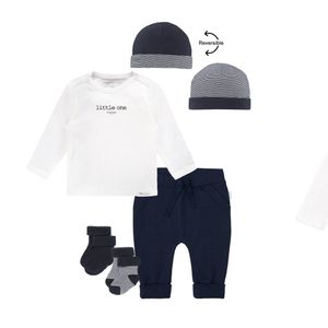 Noppies kledingset - 5delig - Broek Naupli donkerblauw - Shirt Hester wit - Muts en 2 paar sokjes - Maat 44