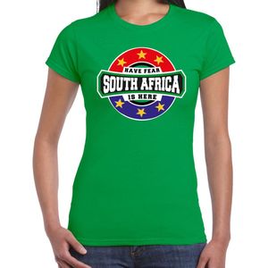 Have fear South Africa is here t-shirt met sterren embleem in de kleuren van de Zuid Afrikaanse vlag - groen - dames - Zuid Afrika supporter / Afrikaans elftal fan shirt / EK / WK / kleding S