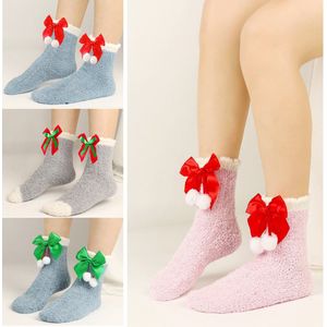 4 paar dikke, warme fleecesokken, nieuwe stijl, koraalfleece sokken met strik, herfst- en wintersokken tot halverwege de kuit, kerstsokken met strik