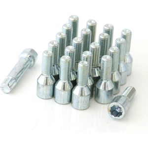 Conische wielbouten 28mm - Zilver - M12x1.25 / M12x1,25 - Set van 20 bouten + sleutel - Ster/Inbus