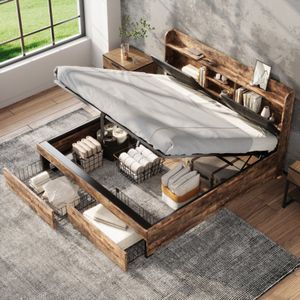 Metalen bed, 160 x 200 cm, hydraulisch bed, jeugdbedden, tweepersoonsbed, met opberghoofdeinde en metalen lattenbodem, zonder matras, voor volwassenen, kinderen, tieners, houtkleur + zwart