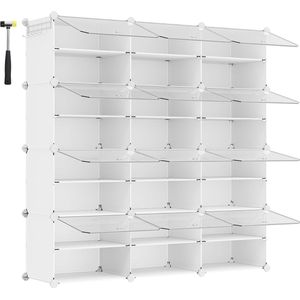 Schoenenrek met 12 planken, schoenenkast, 30 x 40 x 30 cm per plank, smal, met deuren, stalen frame, kunststof, voor gang, slaapkamer, hal, wit