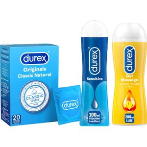 Durex - 300ml Glijmiddel - Play Massage 2/1 Sensitive 200ml - Sensitive Gel 100ml - 20 stuks Condooms - Classic Natural - Voordeelverpakking