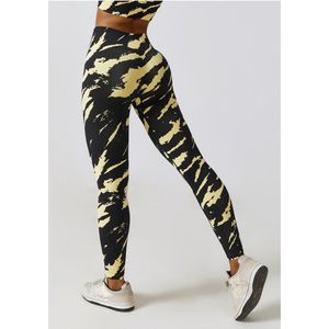 PRINTED GYM LEGGING - Maat L - Multicolour Zwart/Geel - Fitness legging - Gym Legging - Sportlegging - Yoga legging