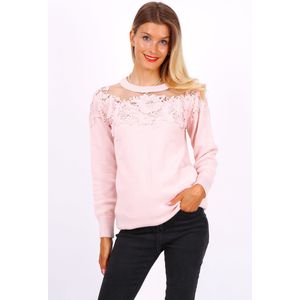 Mooie pull met kanten bloemen - doorzichtige hals - roze - one size (maat 38-40-42)