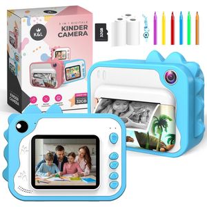 K&L® 3 IN 1 Digitale Kindercamera + Instant print + speelcamera - 32GB micro sd kaart - camera kinderen - Vlogcamera met games - Fototoestel voor Kinderen - Klein Formaat Speelgoed - Met videofunctie - Blauw