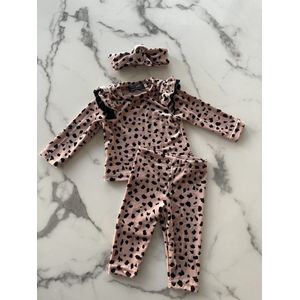Baby meisjes set 3 delig bestaat uit een trui, broek en een haardband in de kleur roze panterprint | Babyshower cadeau | Kraamcadeau, verkrijgbaar in de maten 62 t/m 104