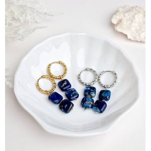 Zilveren oor ringen met hanger - Howliet - Blauwe Natuursteen - Premium Stainless Steel - zilveren oorbellen - Blauw -