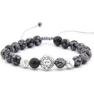 Victorious Natuurstenen Kralen Armband Heren – Zilveren Leeuw – Zwart/Wit – 19cm