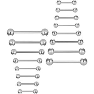 16 stuks chirurgisch stalen barbells voor tepel- en tongpiercings - 14G, 8 maten - geschikt voor mannen en vrouwen