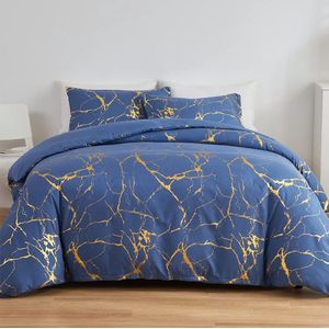 Goodivery ® Beddengoedset met Elegant Blauw en Gouden Marmerpatroon voor Stijlvol Eenpersoonsbed