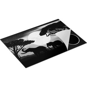 Chefcare Inductie Beschermer Olifanten Silhouet tijdens Volle Maan - Zwart Wit - 77x51 cm - Afdekplaat Inductie - Kookplaat Beschermer - Inductie Mat