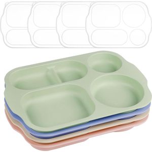 Dinerbordenset van 4 gedeelde borden met dekselset, 5 vakken 28 cm polypropyleen bord, onbreekbare en onbreekbare scheidingsborden voor kinderen en volwassenen, servies