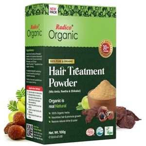 RADICO 100% BIO ORGANIC AMLA, RITHA / REETHA, SHIKAKAI 100% Natuurlijke BIO Organic Anti-Haaruitval, Anti-Roos, Anti-Vergrijzing, Haargroei, Care, Volume, Voedende Haarmasker 7-in-1 met ECOCERT 100g