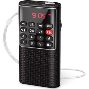 Radio - Draagbare Radio, Kleine Oplaaibare Draagbare Radio met Opnamefunctie, Draagbare FM Radio Ondersteunt MP3/TF/AUX/USB-C (Zwart)