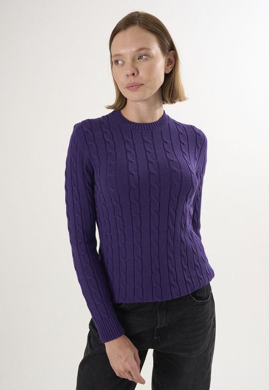 Felix Hardy - Kabelgebreide Trui - Donkerpaars - 100% Katoen - Dames