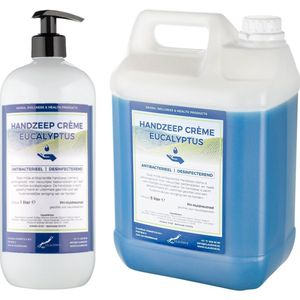 Handzeep Crème Eucalyptus 1 liter met gratis pomp - hervulbaar + Jerrycan 5 liter navulling
