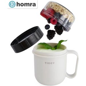 Homra Yoghurt beker to go TIGGY Grey - Soepbeker To Go 750 ml - Muesli beker met Handvat - Yoghurtbeker To Go 2 compartimenten - Grijs - Magnetron, Diepvries, Vaatwasser bestendig - Lekvrij - Back to School