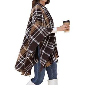 Poncho Cape dames warm open voorkant bedrukt gebreide plaid kwastje sjaal wrap oversized deken vest trui sjaal jas - Koffie+bruin