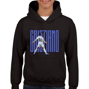 Ronaldo - Kinder Hoodie - Zwart - Maat 134/140 - Hoodie leeftijd 9 tot 10 jaar - Voetbal shirt - Cadeau - Hoodie- CR7 - voetbal - verjaardag - Unisex Kids hoodie - Blauwe tekst