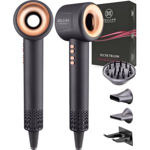 Mellian SecretBlow Föhn - Fohn met Diffuser - Krachtige Ionische Haardroger Krullen 110.000RPM - Black Edition