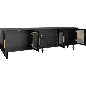 Merax TV-meubel 175x38x55.5 cm - Zwart met Geribbeld Glas en Gouden Accenten - Retro Lowboard met Opbergruimte