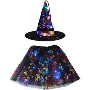 Halloween Kostuum Meisjes Met LED Lichtjes - Lichtgevend Rokje en Heksenhoed - Gekleurd - Verkleedaccessoire