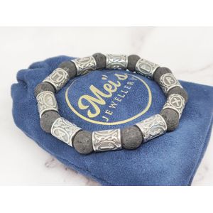 Mei's | Viking Lava Rune | armband mannen / Viking sieraad / kralenarmband | 316L Stainless Steel / Chirurgisch Staal / Natuursteen / Lavasteen | polsmaat 18 cm / zwart / zilver
