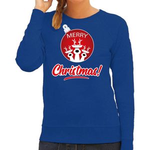 Rendier Kerstbal sweater / kersttrui Merry Christmas blauw voor dames - Kerstkleding / Christmas outfit S