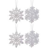 4x Kersthangers figuurtjes zilveren sneeuwvlok/ster 12 cm glitter - Sneeuw thema kerstboomhangers - Kerstboomversieringen koper