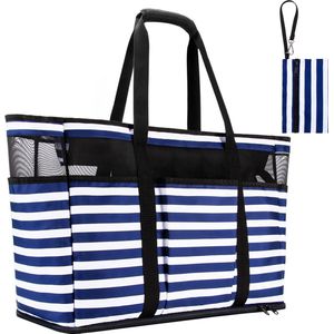 Extra grote strandtas met ritssluiting, waterdichte strandtas met strepen, XXL familiebadtassen, strandtassen, lichtgewicht mesh strandtas voor dames, meisjes