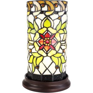 LumiLamp Tiffany Tafellamp Ø 15x26 cm Groen Beige Glas Rond Bloem Tiffany Bureaulamp