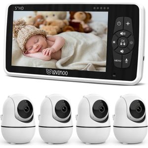 Lovinoo Babyfoon - Babyfoon met 4 Camera's – Baby Monitor - Hondencamera - Huisdiercamera - Op Afstand Bestuurbaar - Temperatuursensor - Uitbreidbaar Tot 4 Camera's - Terugspreekfunctie - Video & Audio – Baby Camera - 5.0 Inch Scherm