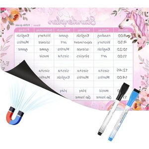 Afveegbare magnetische kinderweekplanner - Urenrooster - Basisschool - Jongens Meisjes - Eenhoorn Roze .