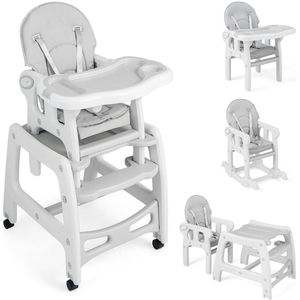 5-in-1 hoge babystoel, mobiele babystoel met schommelfunctie, kinderstoel met afneembaar dubbel dienblad en voetensteun, combi-kinderstoel met veiligheidsgordel, vanaf 6 maanden (met wielen
