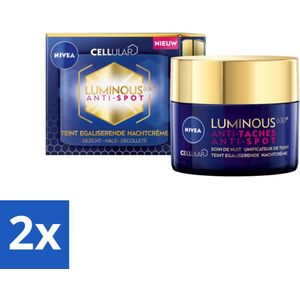 2 x NIVEA - Nachtcrème - CELLular LUMINOUS630 Tegen Vlekken - Egaliserend - Tegen pigmentvlekken - Met Hyaluronzuur - 50 ml - Nivea Anti-rimpel Crème - Nivea Nachtcrème - Anti-pigment Crème - Anti-vlek Crème - Hydraterende Crème